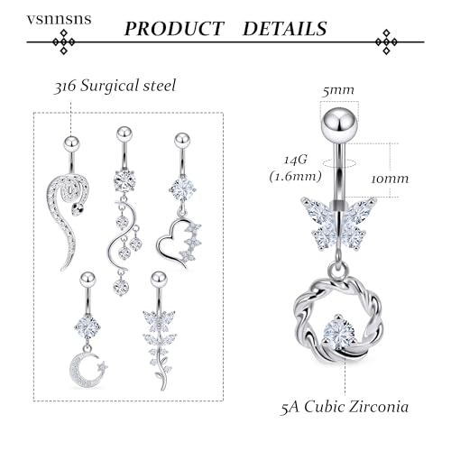 Vsnnsns 14G Dangle Belly Button Ring Piercing Jewelry 316L Stainless Surgical Steel Snake Heart Butterfly Flower Diamond CZ Navel Rings Dangling Belly Button Ring Piercing Jewelry for Women 14 Gauge - color: Silver Tone