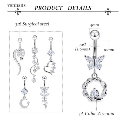 Vsnnsns 14G Dangle Belly Button Ring Piercing Jewelry 316L Stainless Surgical Steel Snake Heart Butterfly Flower Diamond CZ Navel Rings Dangling Belly Button Ring Piercing Jewelry for Women 14 Gauge - color: Silver Tone