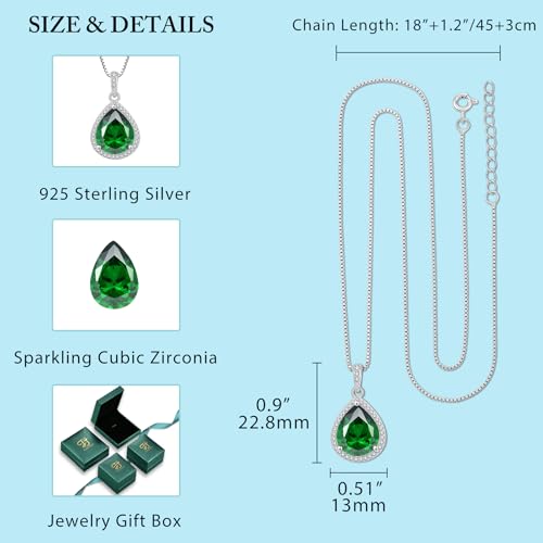 FJ Teardrop Pendant Necklace 925 Sterling Silver Birthstone Jewelry for Women - color: 05 May-Emerald