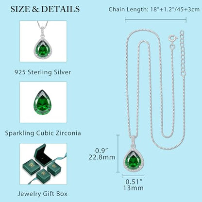 FJ Teardrop Pendant Necklace 925 Sterling Silver Birthstone Jewelry for Women - color: 05 May-Emerald