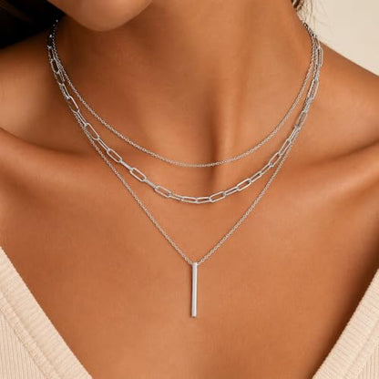 Gold Neklace Stack Dainty Gold Herringbone Necklace for Women Layered Paperclip Chain Necklaces Rhinestone Drop Simple Jewelry Gifts for Women - color: B4：3pcs-silver