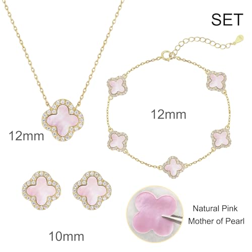 925 Sterling Silver Four Leaf Clover Bracelet – Real Silver Lucky Clover Jewelry for Women, Dainty Good Luck Gift for Her - color: Gold-Plated Pink MOP