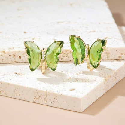 YOQUCOL Butterfly Shape Crystal Clip On Earrings Non Pierced Golden Stud for Women - color: Light Green
