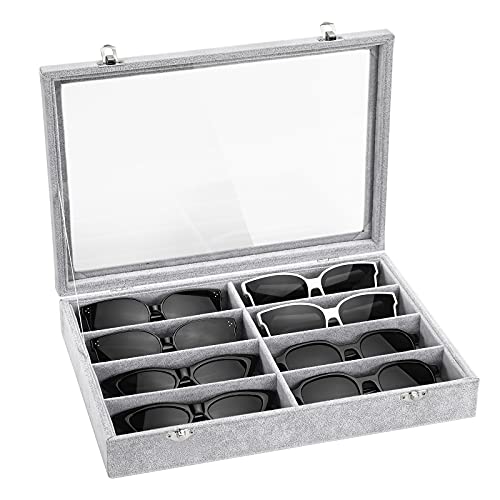 Emibele Glasses Organizer Jewelry Tray, 8 Grids with Clear Lid Velvet Tray Watch Storage Stackable Jewelry Showcase Display Storage with Detachable Inner Dividers - Grey - style: G1- eight Grids with Lid