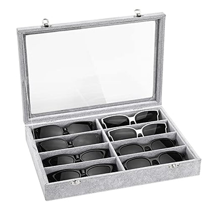 Emibele Glasses Organizer Jewelry Tray, 8 Grids with Clear Lid Velvet Tray Watch Storage Stackable Jewelry Showcase Display Storage with Detachable Inner Dividers - Grey - style: G1- eight Grids with Lid