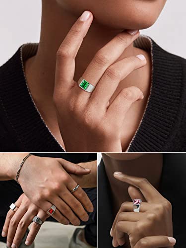 KeyStyle Square Gemstone Signet Rings for Men, Personalized Stainless Steel Pinky Ring with Black Onxy Blue Topaz Birthstone Statement Ring - color: 316L Stainless Steel-Custom Stone-8mm