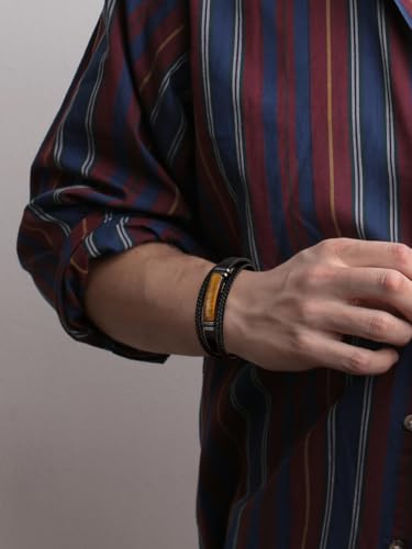 Mens Black Leather Obsidian/Turquoise/Tiger Eye/Red Agate Bracelet–Braided Multi‑Layer Wristband Cuff Bangle Bracelet with Stainless Steel Clasp Gift Jewelry Box Included - color: Tiger Eye Stone, size: 8.3in(Fits most wrists)