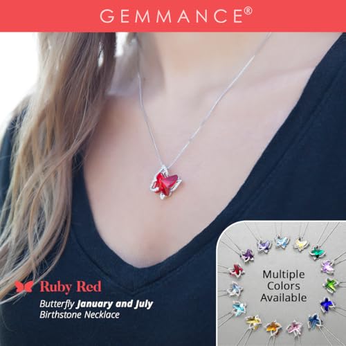 Butterfly Necklace, Birthstone Crystal, for Women, Silver Tone Pendant Jewelry, Anniversary Birthday Gift for Her, Wife & Mom, 18"+2" - color: 01-January & July Birthstone - Ruby Red Crystal