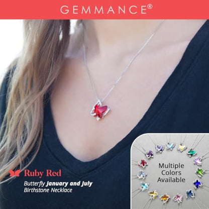 Butterfly Necklace, Birthstone Crystal, for Women, Silver Tone Pendant Jewelry, Anniversary Birthday Gift for Her, Wife & Mom, 18"+2" - color: 01-January & July Birthstone - Ruby Red Crystal