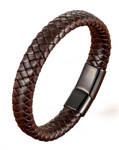 Leather Bracelet for Men, Braided Mens Cuff Bracelets with Stainless Steel Clasp Stacked Multi Style Color Anniversary Father's Day Birthday Christmas Jewelry Gifts for Him - color: Black Clasp & Brown Leather
