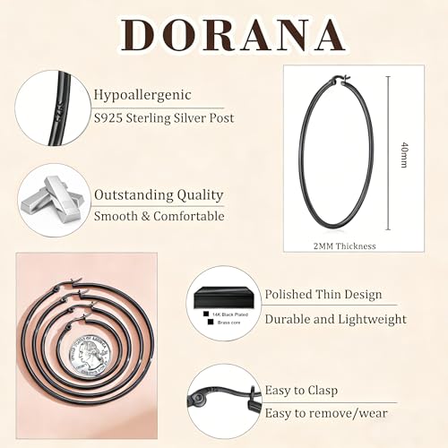 2mm Thin 14K Gold Plated Large S925 Sterling Silver Hoop Earrings for Women Hypoallergenic Big Hoop Non Tarnish Earrings Lightweight 20/30/40/50/60/70mm - color: Black-40mm