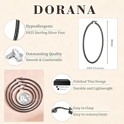 2mm Thin 14K Gold Plated Large S925 Sterling Silver Hoop Earrings for Women Hypoallergenic Big Hoop Non Tarnish Earrings Lightweight 20/30/40/50/60/70mm - color: Black-40mm