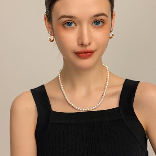 Pearl Necklace for Women Paperclip Chain Chunky Gold Necklace, Freshwater Cultured Pearls Trendy Link Chain 18K Gold Plated Dainty Pearl Choker - color: 6mm White Pearl Necklace