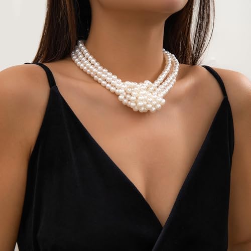 Knot Pearl Choker Necklace For Women 1920s Faux Pearl Bead Statement Necklace Adjustable Twisted Knot Charm Necklaces Jewelry Valentine Christmas Gift - color: White