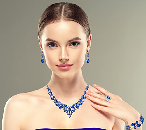 Paxuan Crystal Bridal Wedding Jewelry Sets for Women Rhinestone Teardrop Crystal Statement Choker Necklace Drop Earrings Link Bracelets Rings Teardrop Jewelry Set for Brides Bridesmaids - color: Blue