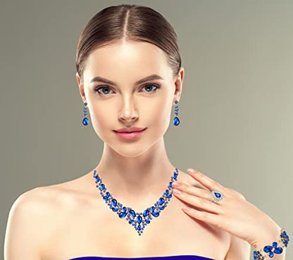 Paxuan Crystal Bridal Wedding Jewelry Sets for Women Rhinestone Teardrop Crystal Statement Choker Necklace Drop Earrings Link Bracelets Rings Teardrop Jewelry Set for Brides Bridesmaids - color: Blue