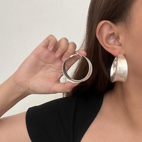 Hoop Earrings for Women Wide Hoop Earrings Large Big Flat Huggie Hoops Earrings Trendy Chunky Hoops Earrings Statement Earrings Jewelry for Women - color: Silver