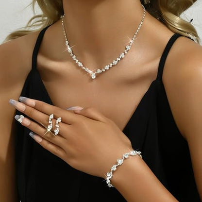 3PCS Silver Wedding Jewelry Set for Women Brides Rhinestone Necklace Earrings Bracelet Bridal Wedding Jewelry Sets for Bridesmaid Prom Costume Accessories Jewelry - color: 2#
