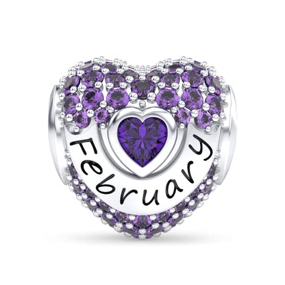 Birthstone Charms Love Heart Openwork Bead Charm for Women Bracelets and Necklaces 925 Sterling Silver with 5A Cubic Zirconia,Jewelry Gifts Women - color: Silver February Birthstone Charms