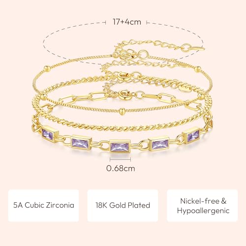 Gold Birthstone Bracelet for Women, 18K Gold Plated Layered Jewelry Bracelet Set, Womens Dainty Stackable Bracelets Link Paperclip Chain Valentines Day Gift for Wife Her - color: Gold-06-Jun.
