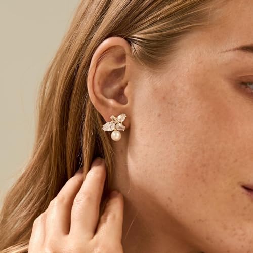 Pearl Earrings for Women:Gold Wedding Dangle Drop Earring Pearl Jewelry | 14K Gold Plated Pearl Drop Earrings for Women,Dainty Wedding Bride Earring Studs,Gold Dangle Drop Earring,Waterproof Jewelry - size: 1 pcs-13