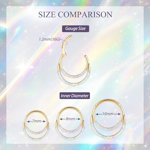 GAGABODY Septum Jewelry 16 Gauge Earrings Double Hoop Daith Earring Surgical Steel Hinged Nose Rings Nose Hoop Helix Tragus Rook Piercing - color: Style6:1pc Gold+White Opal Double Hoop