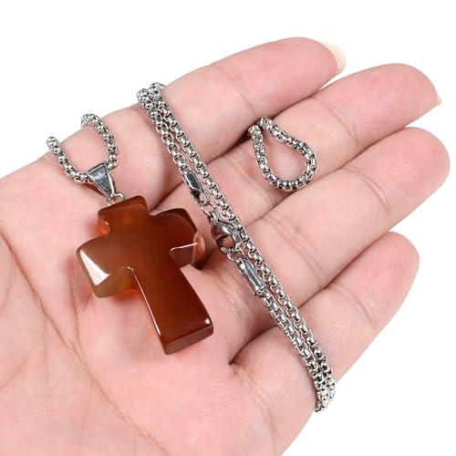 Justinstones 32mm Gemstone Carved Cross Reiki Chakra Pendant With Stainless Steel Necklace 22 Inch - color: Red Agate