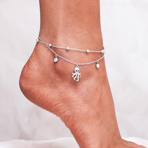 CHIC & ARTSY 925 Sterling Silver Ankle Bracelets for Women, Adjustable Layered Foot Chains with Nature & Symbol Charms, Lightweight Comfort Fit Boho Beach Everyday Jewelry - color: 2# Octopus Anklet