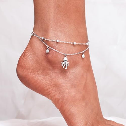 CHIC & ARTSY 925 Sterling Silver Ankle Bracelets for Women, Adjustable Layered Foot Chains with Nature & Symbol Charms, Lightweight Comfort Fit Boho Beach Everyday Jewelry - color: 2# Octopus Anklet