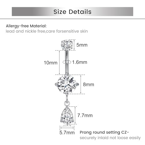 Briana Williams Belly Button Ring Clear CZ Dangle Belly Button Piercing Belly Rings Dangle Belly Button Rings Surgical Steel Teardrop Dangle Belly Button Jewelry for Women Silver Gold - color: D -silver