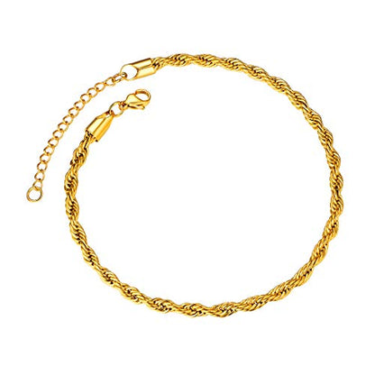 ChainsPro Resizable Anklet Chain for Women Men, Figaro/Wheat/Twist Rope/Cuban Foot Bracelet-Strong with Good Clasp-18K Gold Plated(Send Gift Box) - color: 09:twsit rope-Gold