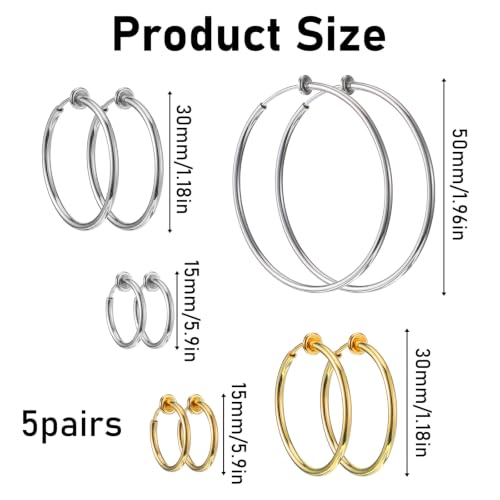 5 Pairs Clip On Hoop Earrings for Women, Silver Gold Clip on Earrings Stainless Steel No Piercing Fake Hoop Earring for Non-Pierced Ears 15mm 30mm 50mm
