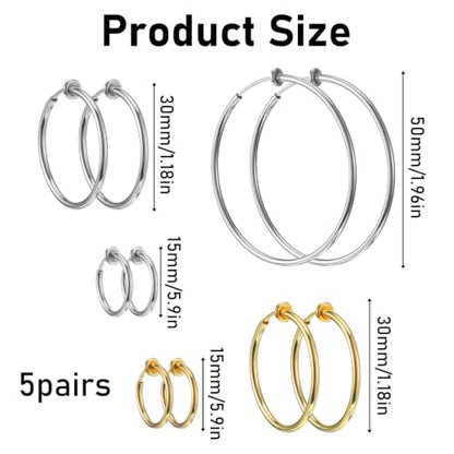 5 Pairs Clip On Hoop Earrings for Women, Silver Gold Clip on Earrings Stainless Steel No Piercing Fake Hoop Earring for Non-Pierced Ears 15mm 30mm 50mm