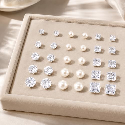 KISS WIFE CZ Stud Earrings Set for Women, Cubic Zirconia Stud Earrings in Multiple Sizes, Triangle Oval Heart Round Pearl Square Earrings, Hypoallergenic Silver Stud Earrings for Cartilage Piercing Jewelry - style: Round+Pearl+Square
