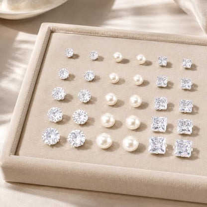 KISS WIFE CZ Stud Earrings Set for Women, Cubic Zirconia Stud Earrings in Multiple Sizes, Triangle Oval Heart Round Pearl Square Earrings, Hypoallergenic Silver Stud Earrings for Cartilage Piercing Jewelry - style: Round+Pearl+Square