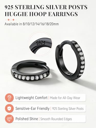 FaithHeart 925 Sterling Silver Post Small CZ Huggie Hoop Earrings for Women | Hypoallergenic Small Cubic Zirconia Hoop Earrings, Silver/Black/Gold/Rose Gold Huggie Earrings, 8-20mm with Gift Box - color: Black, size: 8mm