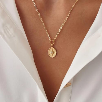 Dainty Necklace Initial Necklace For Women Round Moon star Clover Pendant Chain Coin Necklaces - color: R