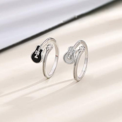 Adjustable Leaf Stackable Rings for Women Cubic Zirconia Stones Blue Leaves Purple Flower Open Band Stacking Finger Sliver Rings Fashion Plant Floral Aesthetic CZ Jewelry - color: black guitar