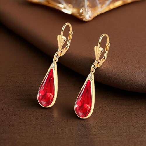 Teardrop Austrian Crystal Leverback Dangle Drop Earrings for Women | 14K Gold Plated,Classic Teardrop Elegance,Leverback for Easy Secure Wear,Gift Box Included, Brighten Up Daily and Party Looks - color: Red