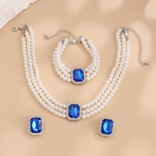 Wekicic Faux Pearl Necklace Earrings Set for Women Crystal Pearl Choker Necklace Bracelet Set 1920s Jewelry for Wedding Party - color: Blue