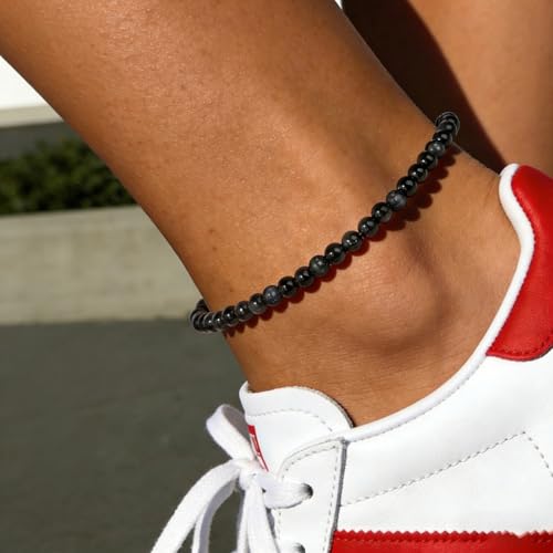 Natural Stone Beaded Anklets for Women, Handmade Boho Clear Quartz 4mm Crystal Beads Anklet, Gold Chain Adjustable Ankles Bracelet, Beach Summer Jewelry Gemstone Foot Bracelet Gift - color: Black Obsidian