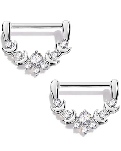 CM Crareesi Mania Moon Nipple Clicker Rings,14G Nipple Shield Rings, 316L Stainless Steel Nipple Barbells Clear CZ, Nipple Rings for Women - color: Silver
