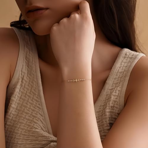 18K Gold Plated Star and Moon Bracelet for Women, Dainty Cubic Zirconia Celestial Adjustable Bracelet, Minimalist Everyday Jewelry Gift for Her