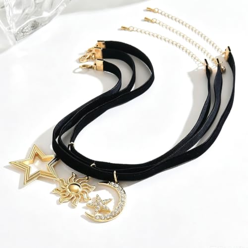 Gothic Moon Star Choker Necklace Black Velvet Choker Necklace Rhinestone Moon Pendant Necklace - color: black