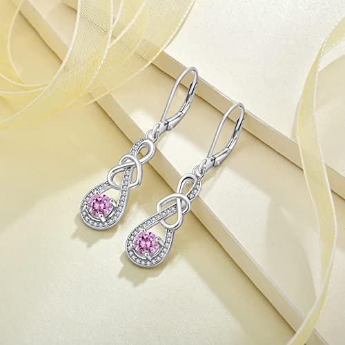 Dangle Drop Earrings for Women 925 Sterling Silver Heart Infinity Leverback Earrings Birthstone Jewelry Gifts for Women Wife Girlfriend Mother Daughter Her - color: 10 October - Pink Tourmaline