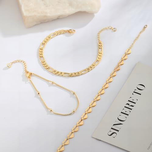 Gold Bracelets for Women Dainty 14K Gold Plated Stack Set Trendy Stackable Bracelets for Women Waterproof Adjustable Bracelet Stack Jewelry Birthday Gift