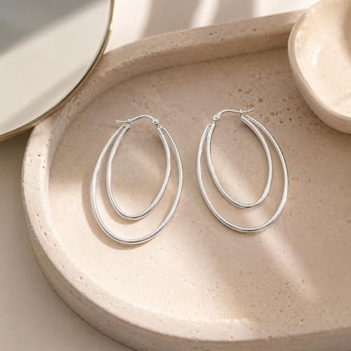 Double Hoop Earrings for Women Double Oval Gold and Silver Tone Statement Hoops for Party Vacation Outfits Birthday Gift - color: A1:silver