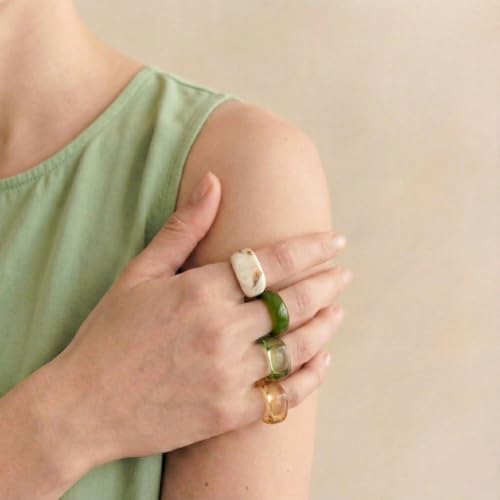 Resin Acrylic Plastic Stackable Rings for Women | Statement Chunky, Trendy Colorful, Knuckle Jewelry, Dome Thick Rings, Bulk Set - color: GreenBrown
