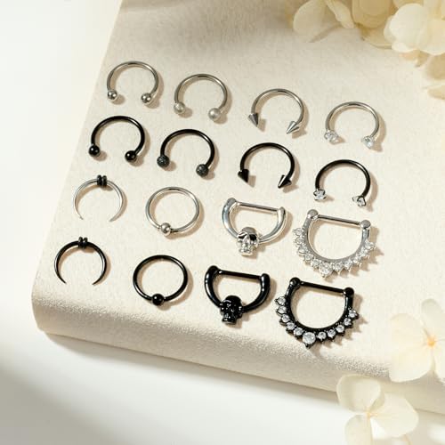 16G Septum Nose Rings Stainless Steel Hinged Seamless Nose Hoop Ring Horseshoe Piercing Jewelry Captive Bead Ring Helix Daith Tragus Cartilage Earrings for Women Men - style: style2