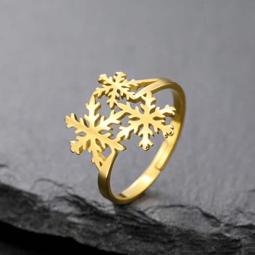 OIDIMS Xmas Snowflake Ring for Women Elegant Winter Flower Adjustable Open Band Rings Hypoallergenic Stainless Steel Christmas Holiday Wedding Engagement Prom Jewelry for Her Stocking Stuffer - color: Gold